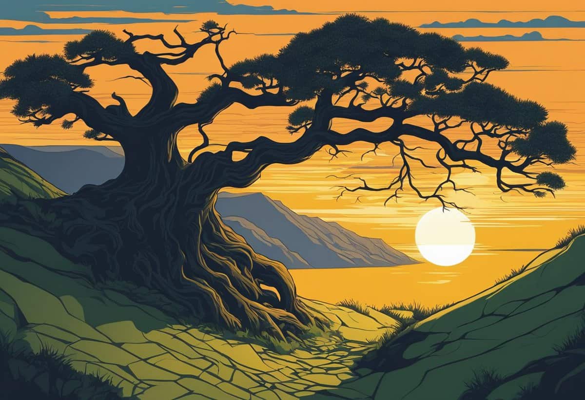 An illustrated scene of a twisted tree on a cliff overlooking a sunset by the sea.