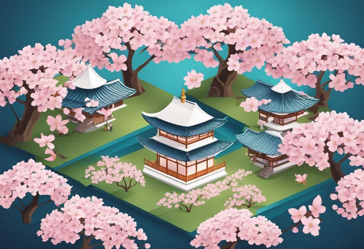 Isometric illustration of traditional asian pagodas surrounded by blooming cherry blossom trees.