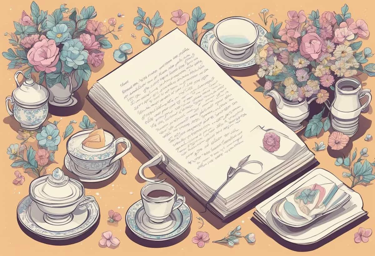 A vintage-style illustration of an open book surrounded by an arrangement of tea sets, cups, and blossoming flower bouquets.