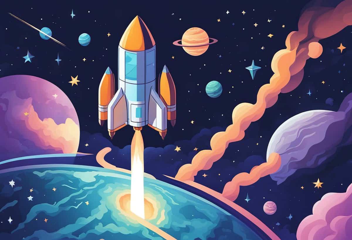 A stylized illustration of a rocket launching from a planet into a colorful space scene with stars and planets.