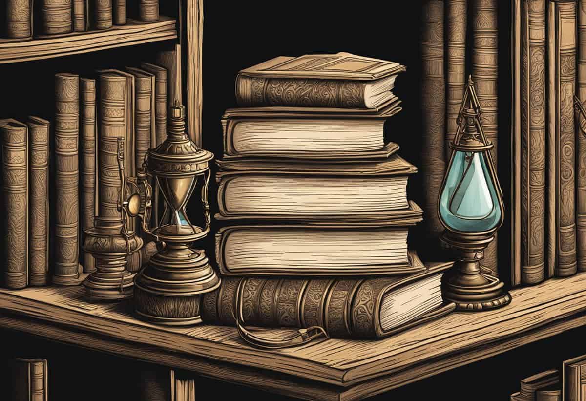 A still life illustration of a vintage lantern, a stack of old books, and a glass inkwell on a wooden shelf.
