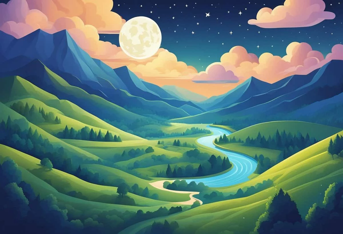 Illustration of a serene river winding through a lush, green valley with mountains in the background under a starry night sky with a full moon.