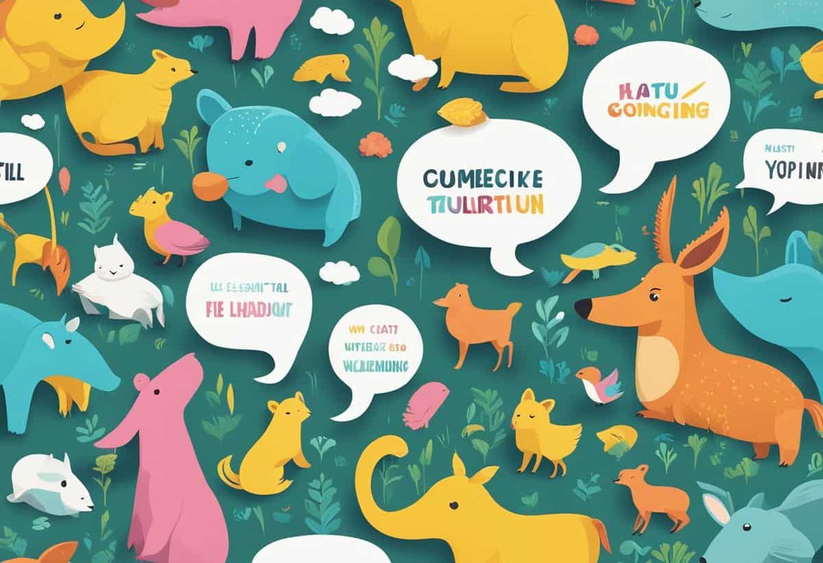 Illustration of colorful animals with speech bubbles containing nonsensical text on a green background.