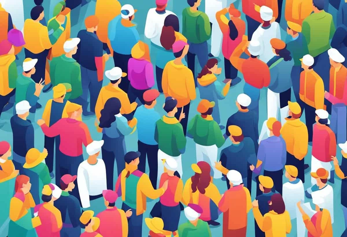 A colorful illustration of a diverse crowd of people from an aerial perspective.