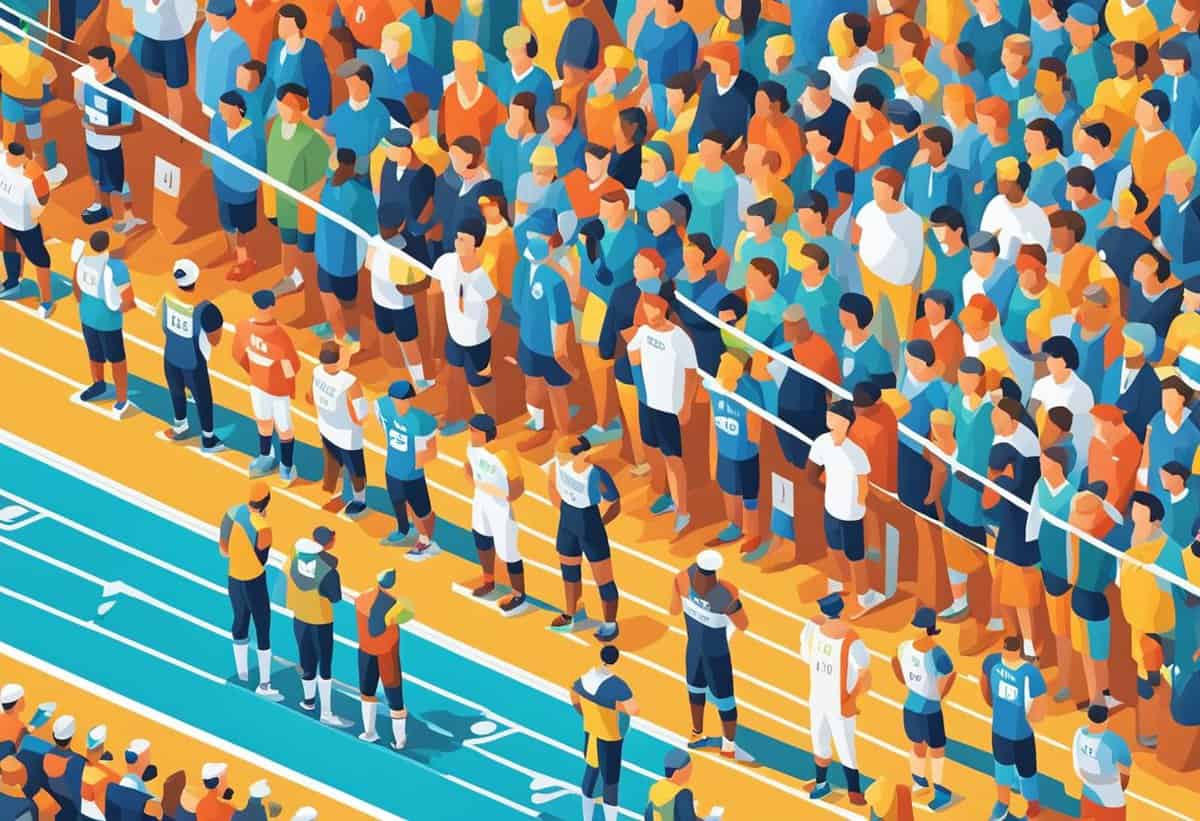 Illustration of spectators in colorful clothing watching an athletic event from the stands, with athletes preparing at the start line on the track.