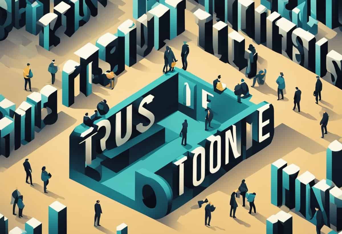 Isometric illustration of people standing among three-dimensional letters forming the words "trust" and "toonie," suggesting a possibly conceptual or metaphorical theme.