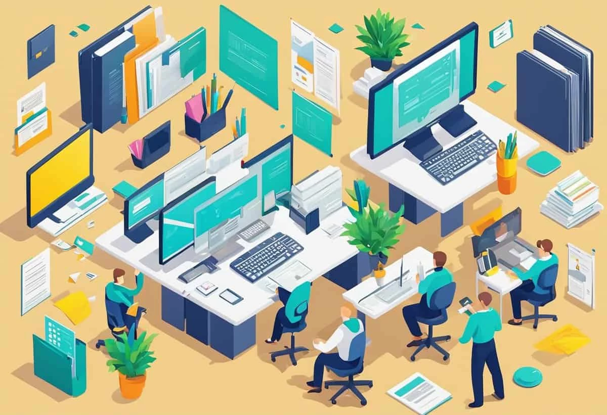 An isometric illustration of a busy office environment, showcasing individuals at workstations with computers and various office supplies.