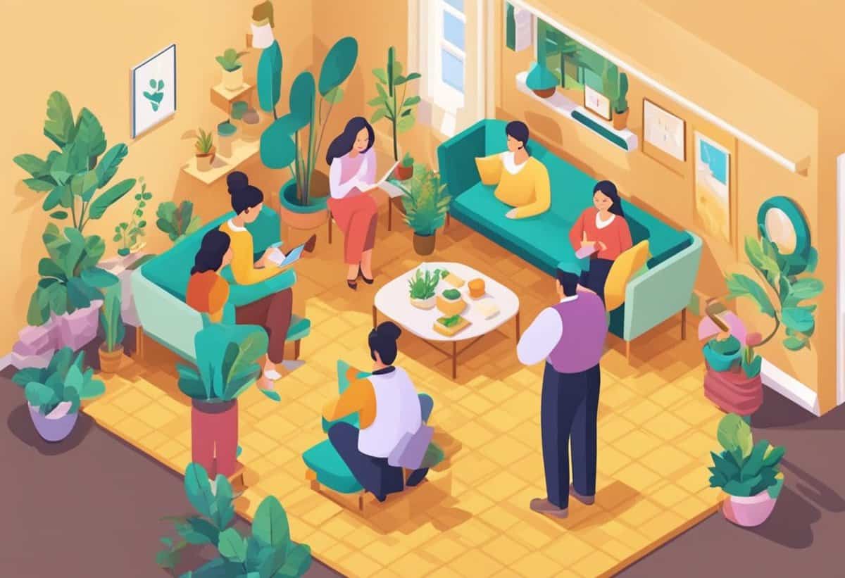 Illustration of people engaged in conversation in a cozy, plant-filled room.