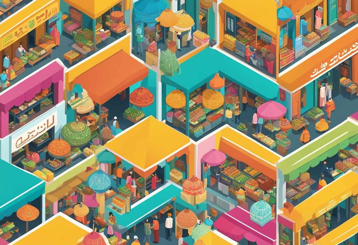 A colorful, isometric illustration of a busy marketplace with various stalls and shoppers.