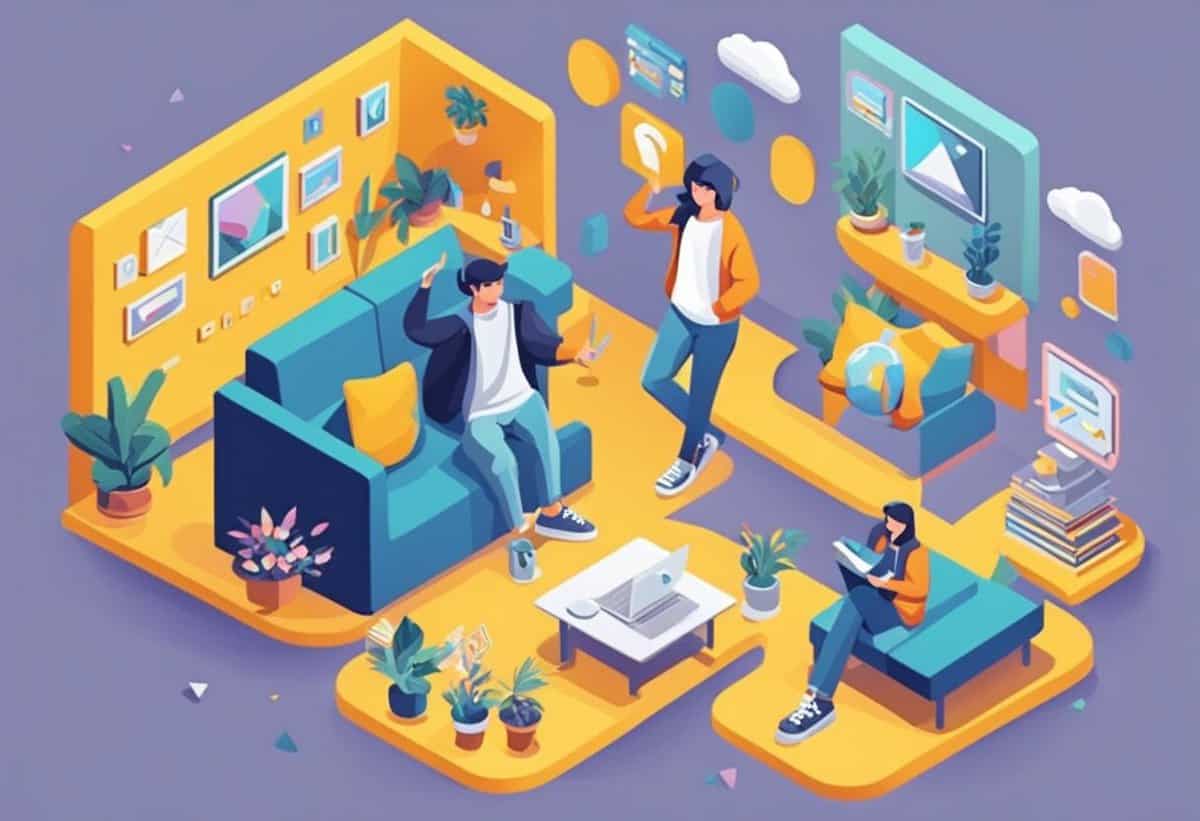 Isometric illustration of three people using digital devices in a modern living room setting.