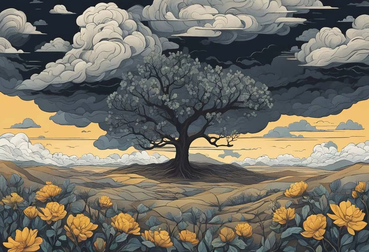 A stylized illustration depicting a solitary tree with a golden floral foreground under a dramatic cloudy sky at dusk or dawn.