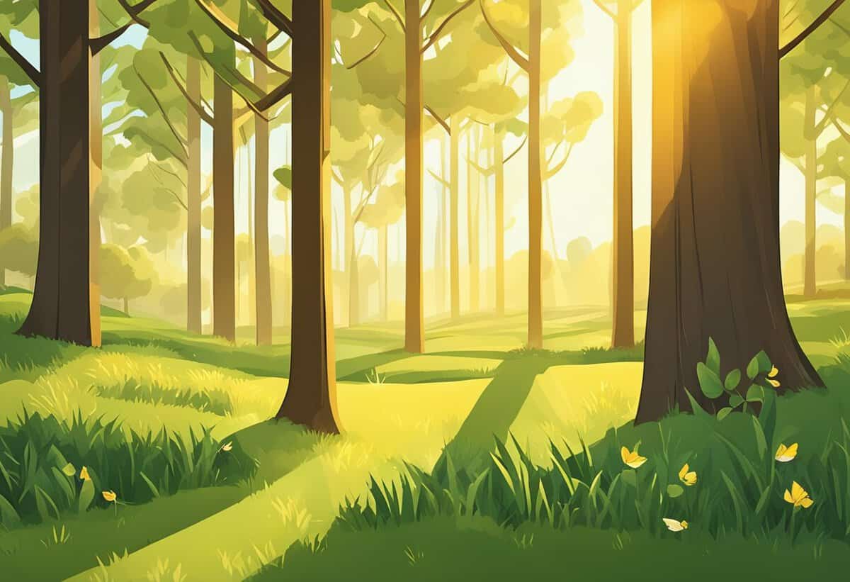 Sunlight streaming through a forest, casting long shadows on a green grassy floor dotted with yellow flowers.