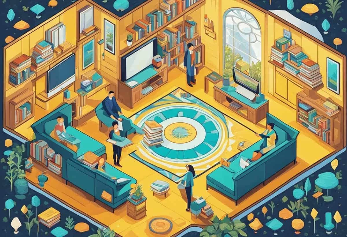 An isometric illustration of people engaging in various activities in a modern library setting with abundant bookshelves and comfortable seating areas.