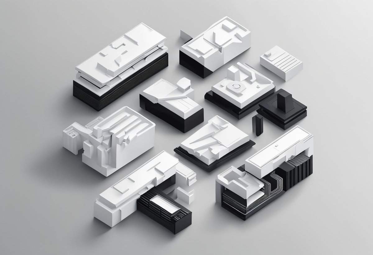 Assorted architectural models featuring contemporary designs in a monochromatic color scheme.