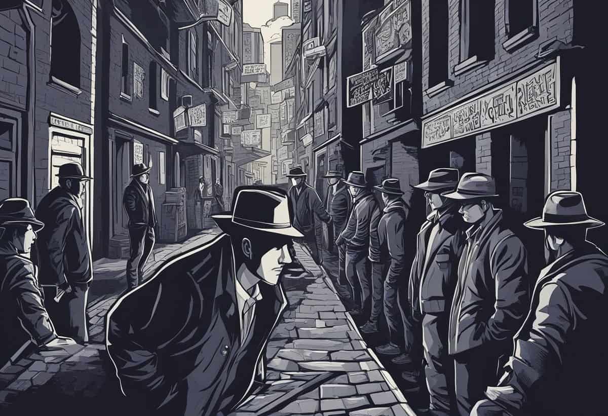 A noir-style illustration of a man in a fedora looking over his shoulder in a crowded alleyway.