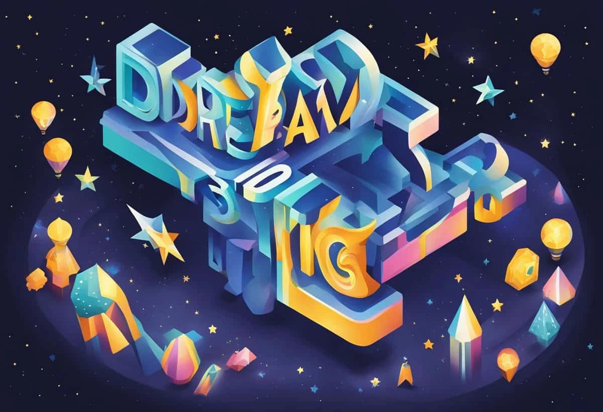 An illustrated cosmic scene featuring the word "dream" in stylized 3d lettering, surrounded by stars, glowing lanterns, and floating crystals.