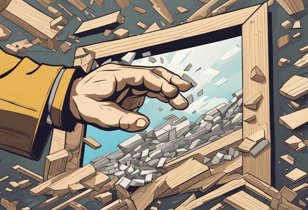 A hand reaching through a shattered wooden frame, with pieces of wood scattered around.