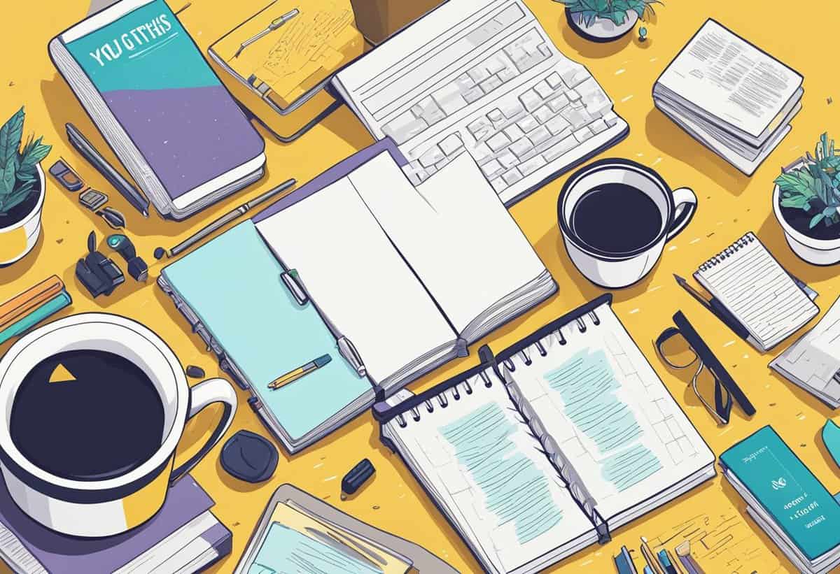 Busy workspace with an open planner, mobile phone, coffee cups, and various office supplies on a yellow desk.