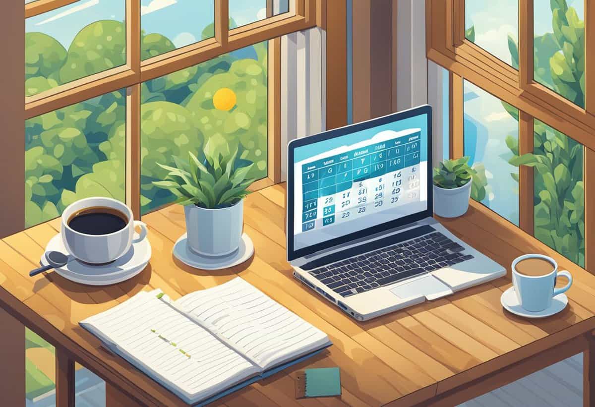 A cozy workspace by a window with a scenic view, featuring an open laptop, a notepad, two cups of coffee, and potted plants.