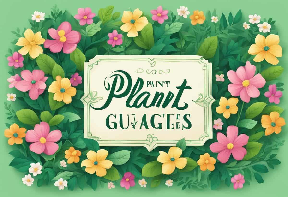A colorful floral illustration with a central vintage label that reads "plant guzaces" surrounded by lush green leaves and vibrant pink and yellow flowers.