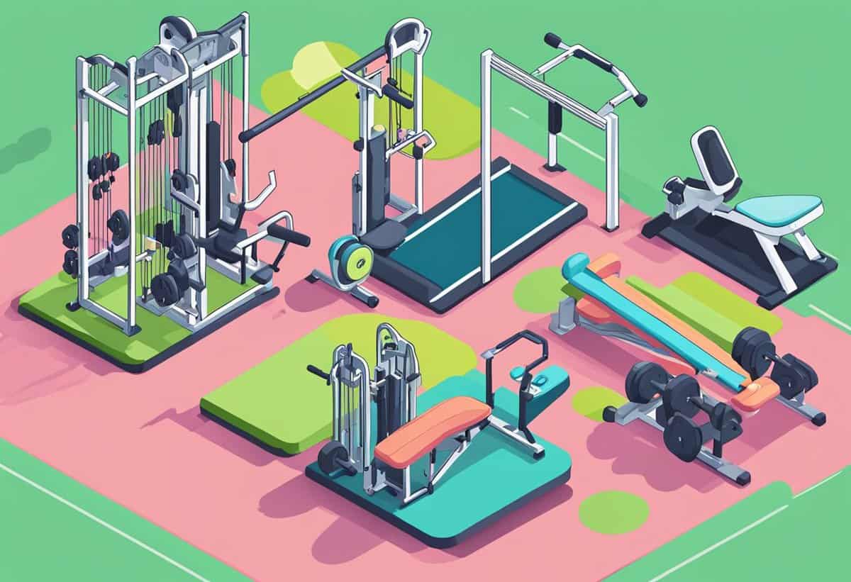 Isometric illustration of various gym equipment arranged on a colorful mat, including a weight rack, exercise bike, and treadmills.
