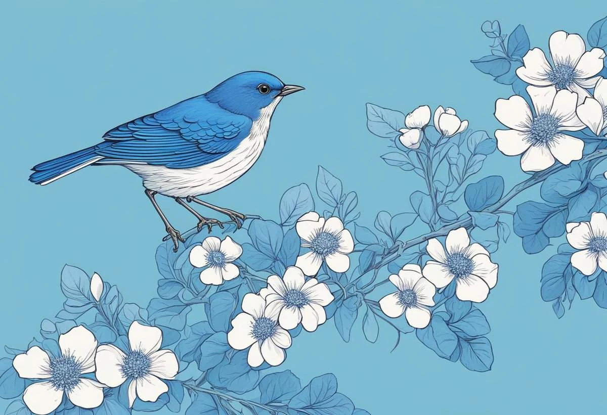 A blue bird perched on a branch with white flowers against a light blue background.