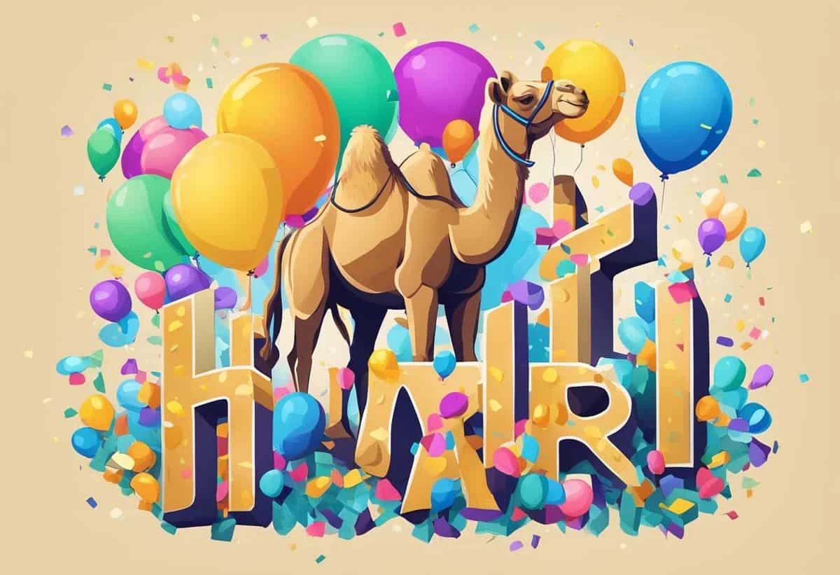 A stylized illustration of a camel with colorful balloons and confetti celebrating a cheerful event with the word "hurrah" in bold letters.
