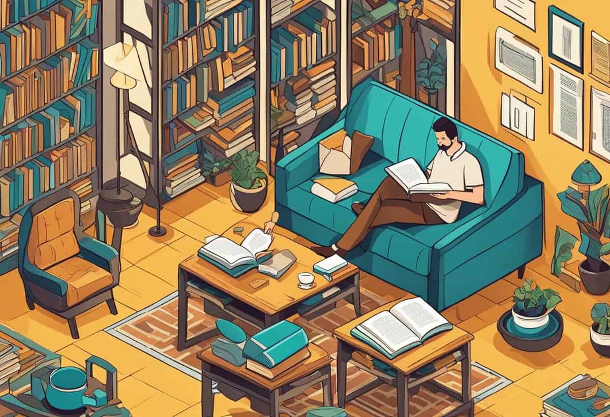 Man reading a book on a teal sofa in a cozy room with bookshelves and plants.