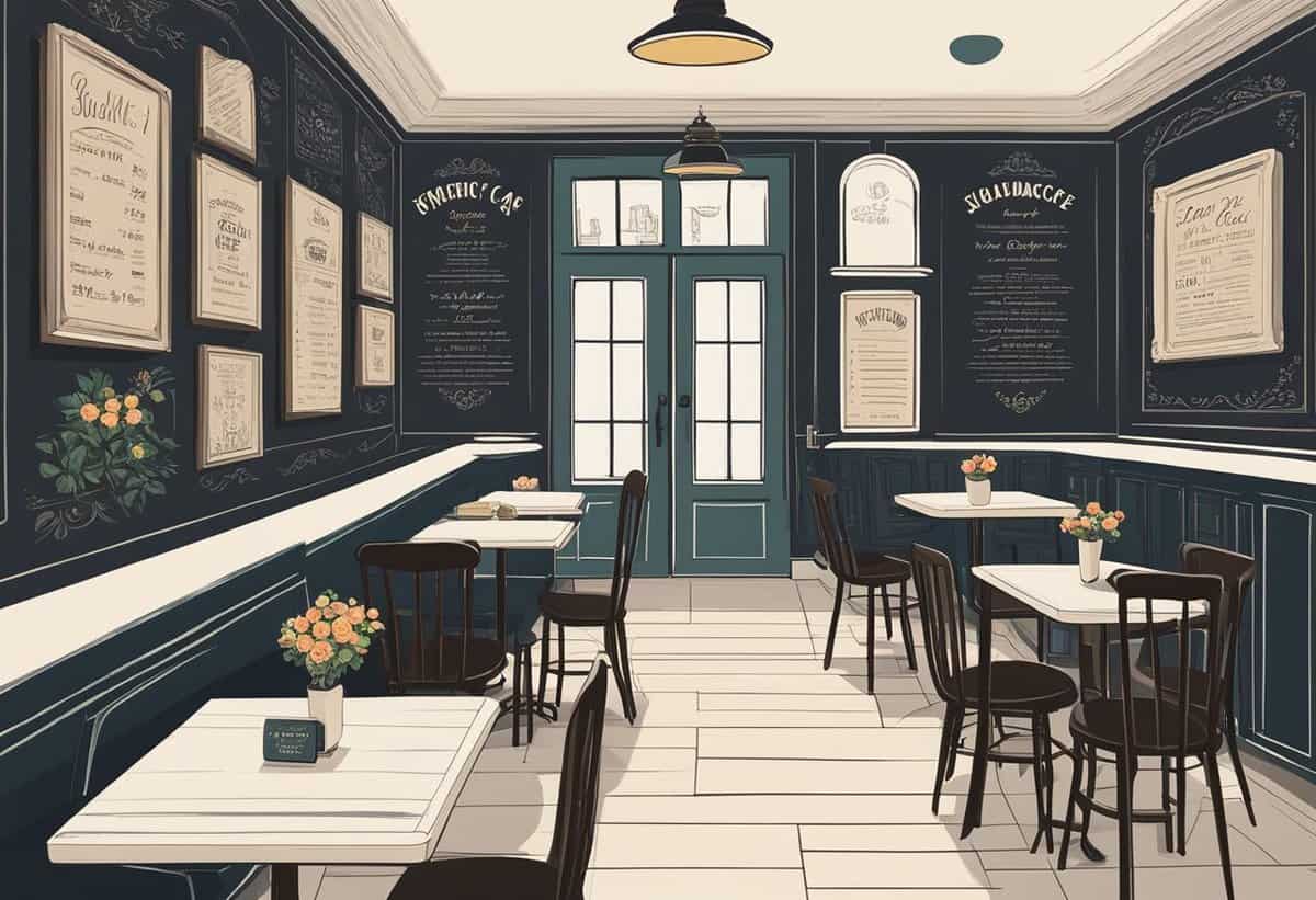 Interior of a vintage-styled cafe with chalkboard menus, tiled floor, and small tables with floral centerpieces.