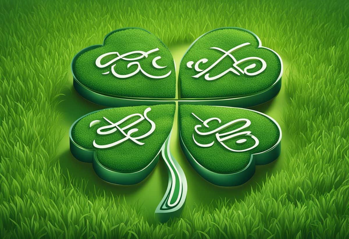 A four-leaf clover with celtic knots on each leaf against a green grass background.