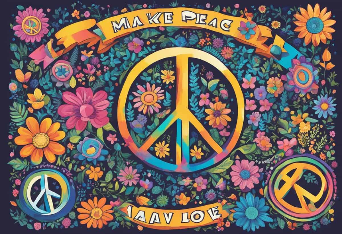Colorful illustration featuring peace signs, flowers, and the phrases "make peace" and "have love" in a psychedelic style reminiscent of the 1960s counterculture.