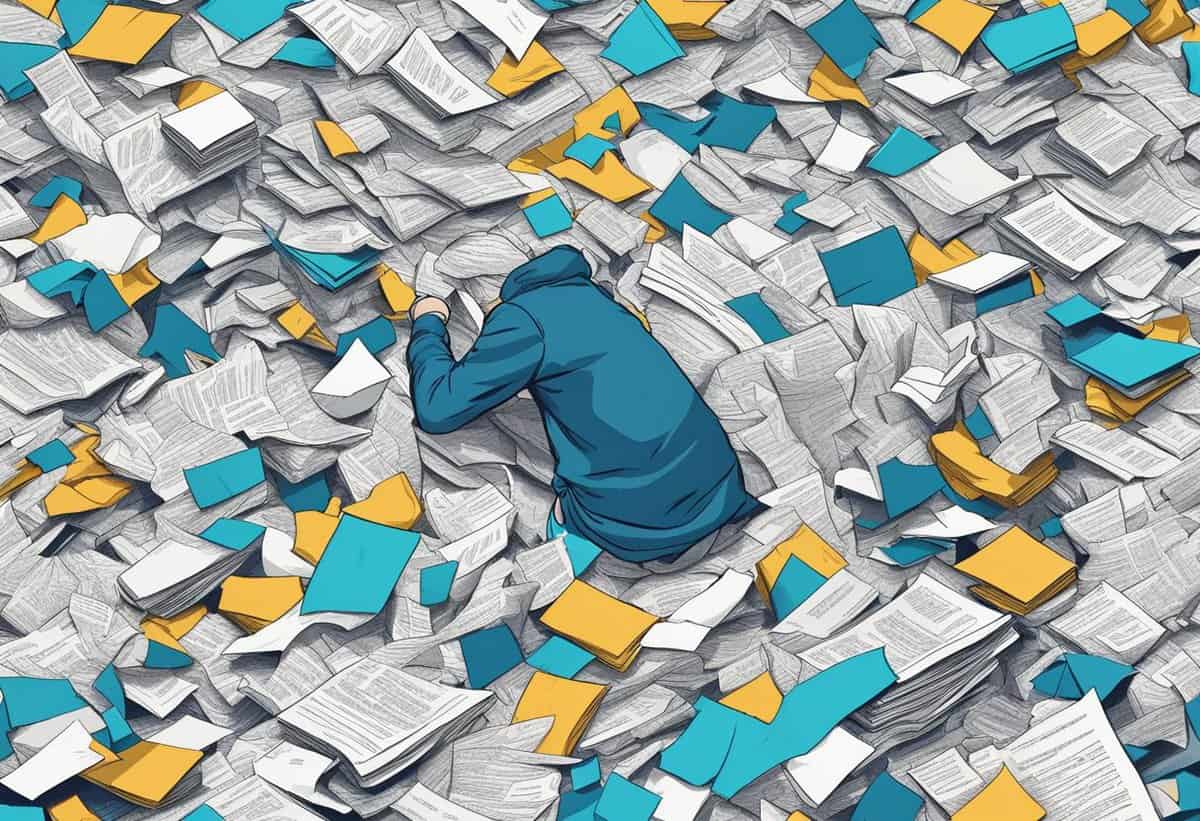 Person surrounded by a sea of scattered papers and folders.