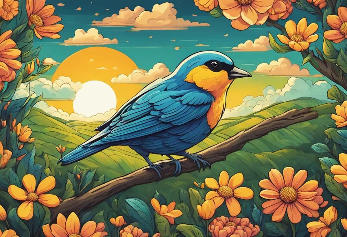 Illustration of a vibrant blue and orange bird perched on a branch amidst a field of sunflowers under a sunset sky.