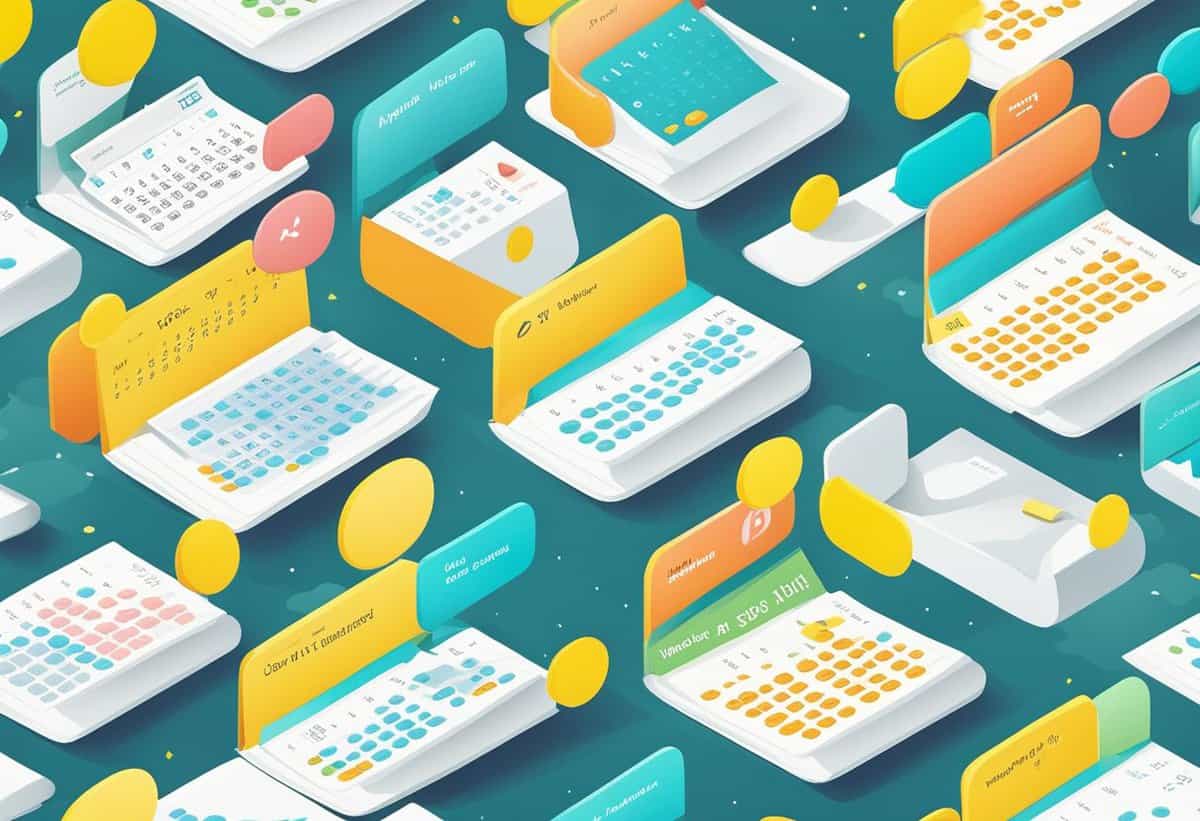 Isometric illustration of various mobile user interfaces with calendars and message notifications.
