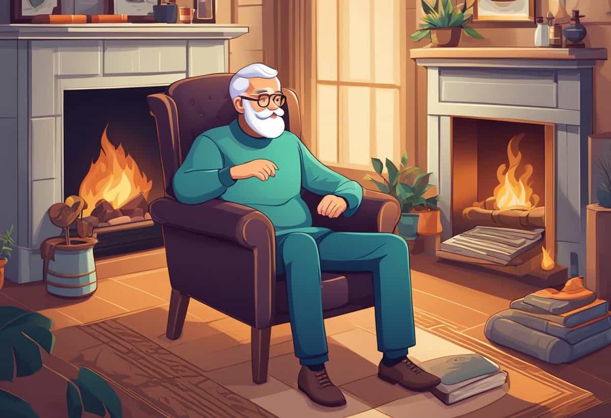 An elderly man with glasses and a white beard sitting contentedly in an armchair by the fireplace in a cozy room.