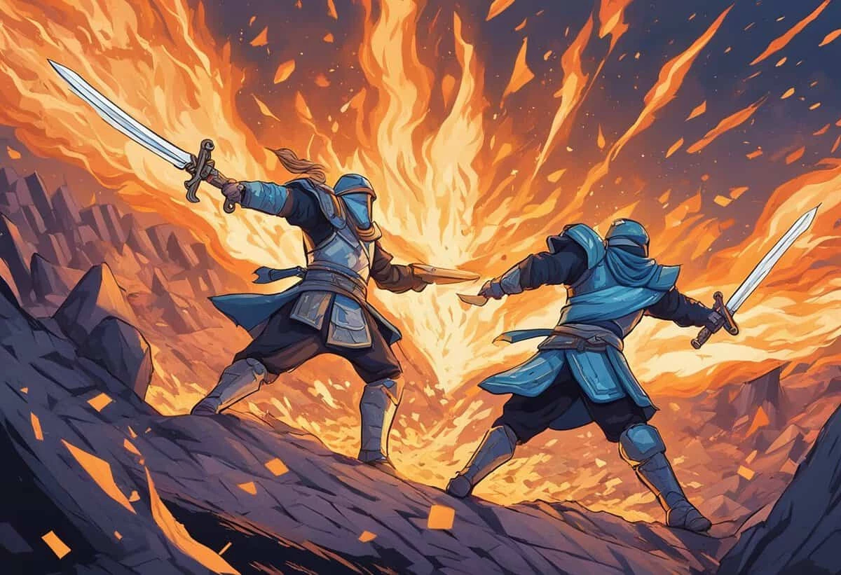 Two armored warriors engaged in a sword duel against a backdrop of fiery explosions.