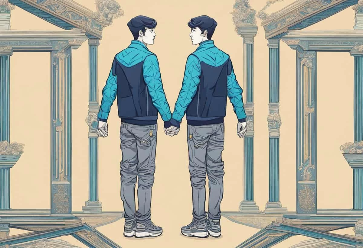 Two identical illustrated characters holding hands, mirrored in a symmetrical escheresque environment.