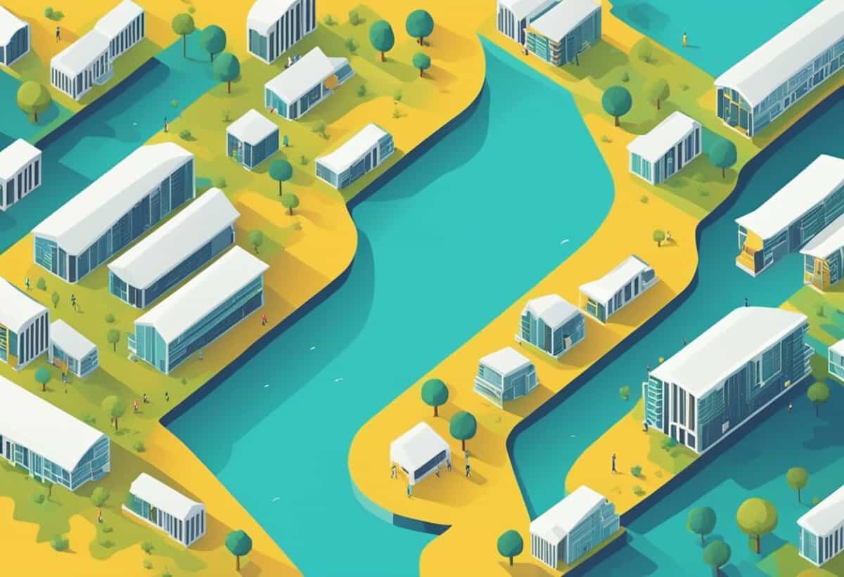 Isometric illustration of a modern housing community with white buildings alongside winding blue rivers.