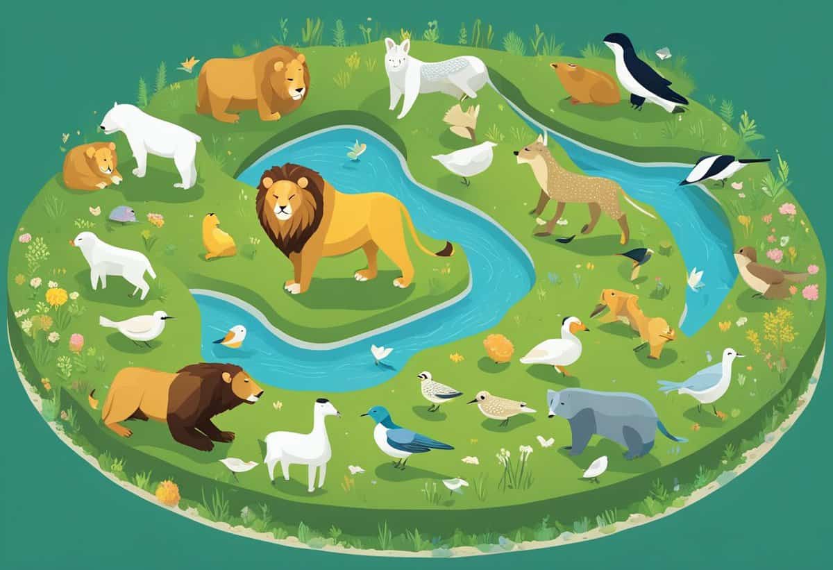A colorful illustration of various animals on a green landscape with a blue river flowing through it.
