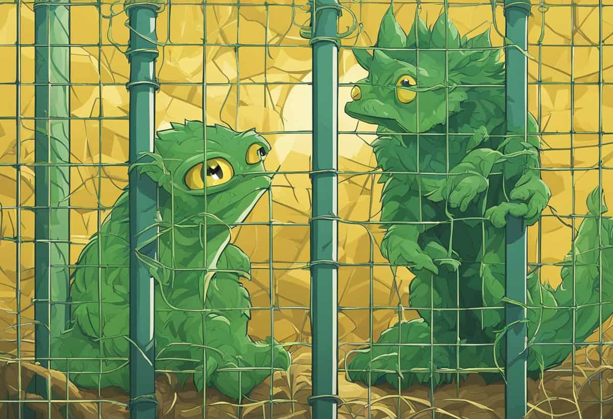 Two green, stylized creatures resembling dragons or lizards behind a fence, looking at each other with a background of crinkled gold foil.