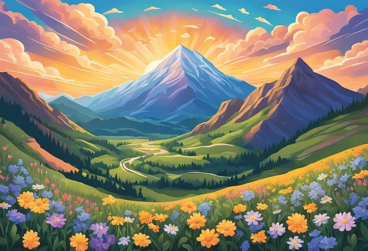 Vibrant illustration of a scenic mountain landscape at sunrise with a meadow of wildflowers.