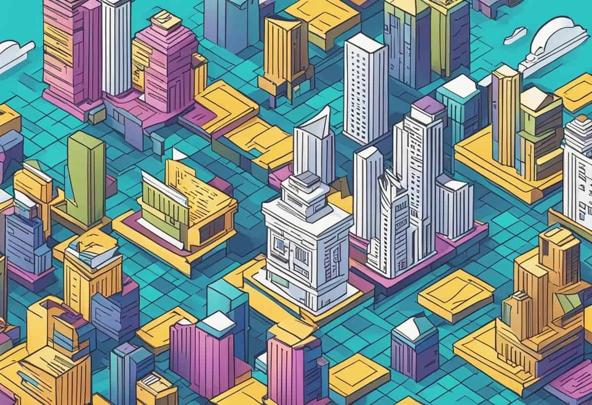 Colorful isometric illustration of a dense, urban cityscape with skyscrapers.