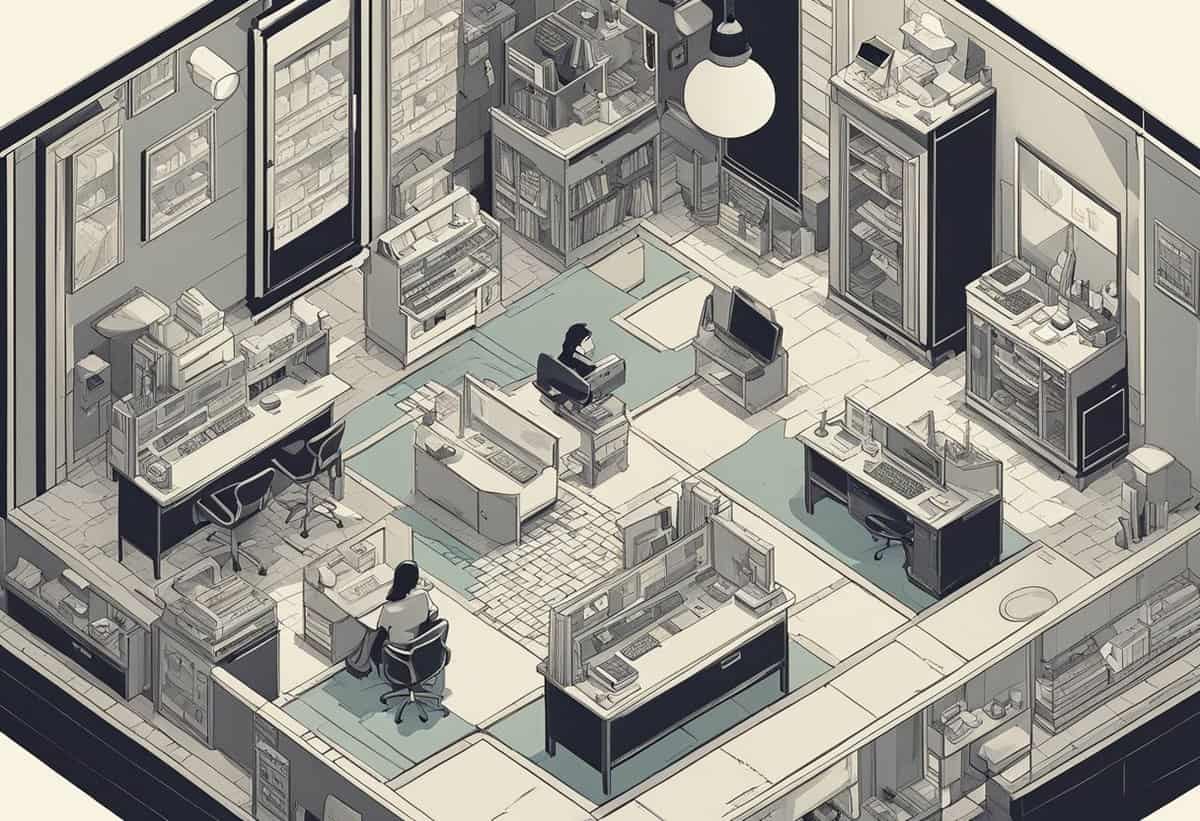 Isometric view of a grayscale office space with four individuals working at their desks surrounded by computers and office furniture.