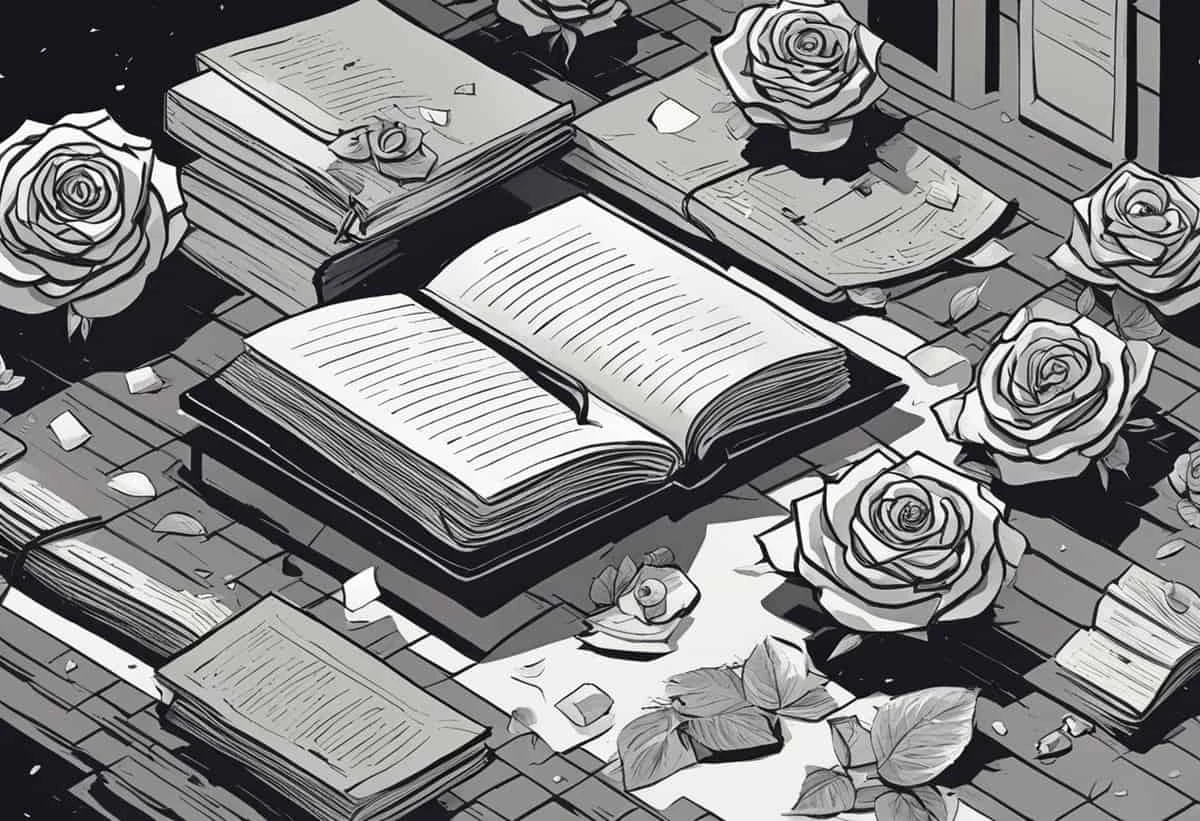 Black and white illustration of open books and roses scattered across a tiled floor near a window.