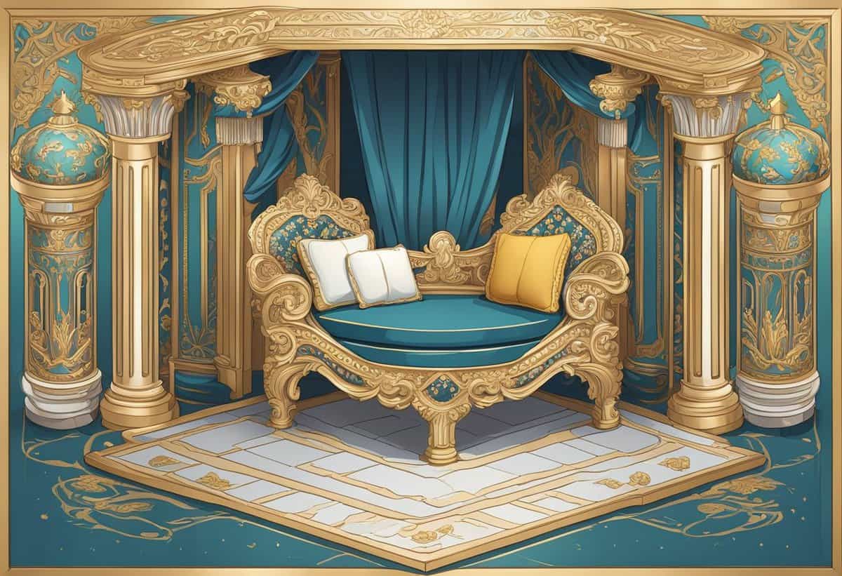An ornate golden throne with blue upholstery set within a luxurious canopy.