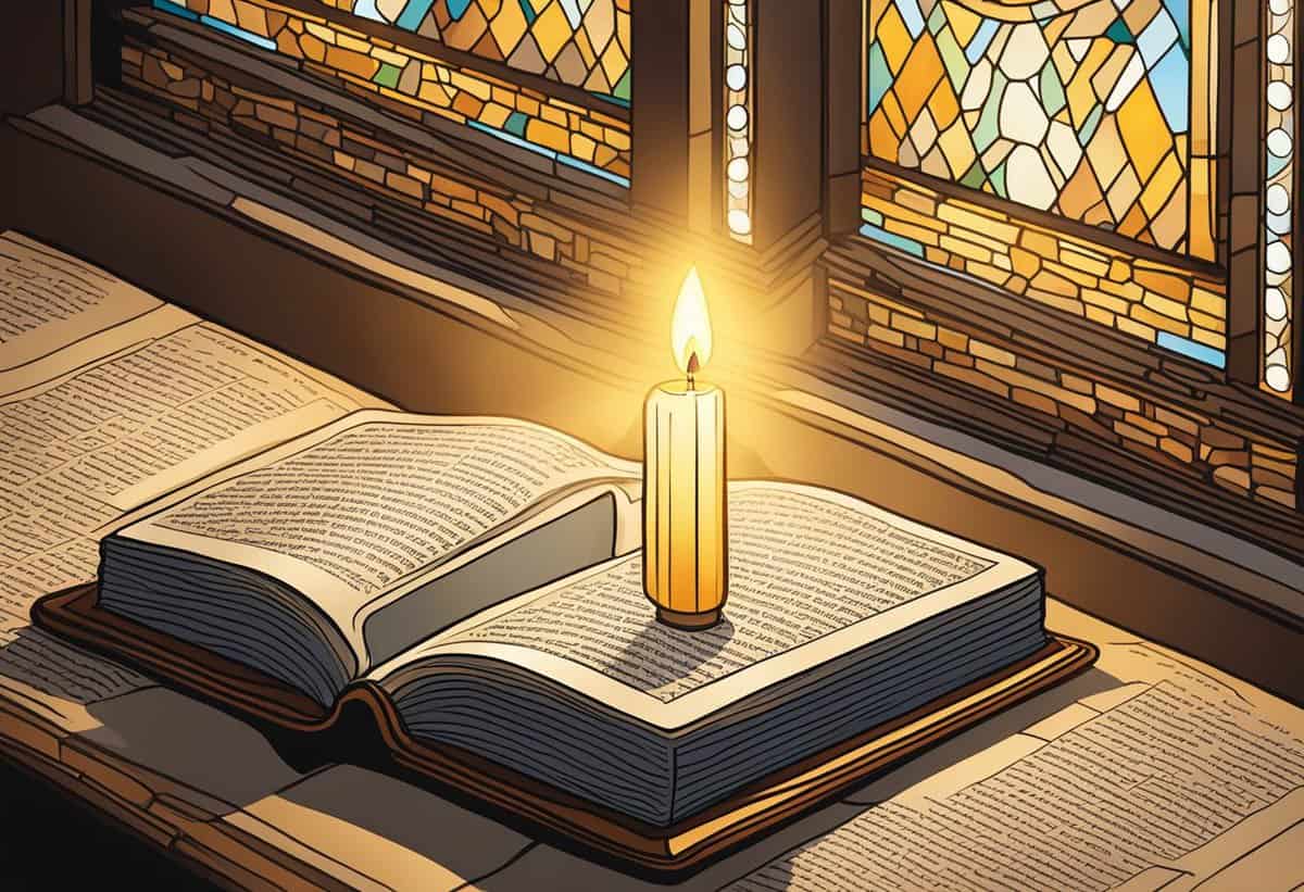 An open book beside a burning candle with stained glass windows in the background.