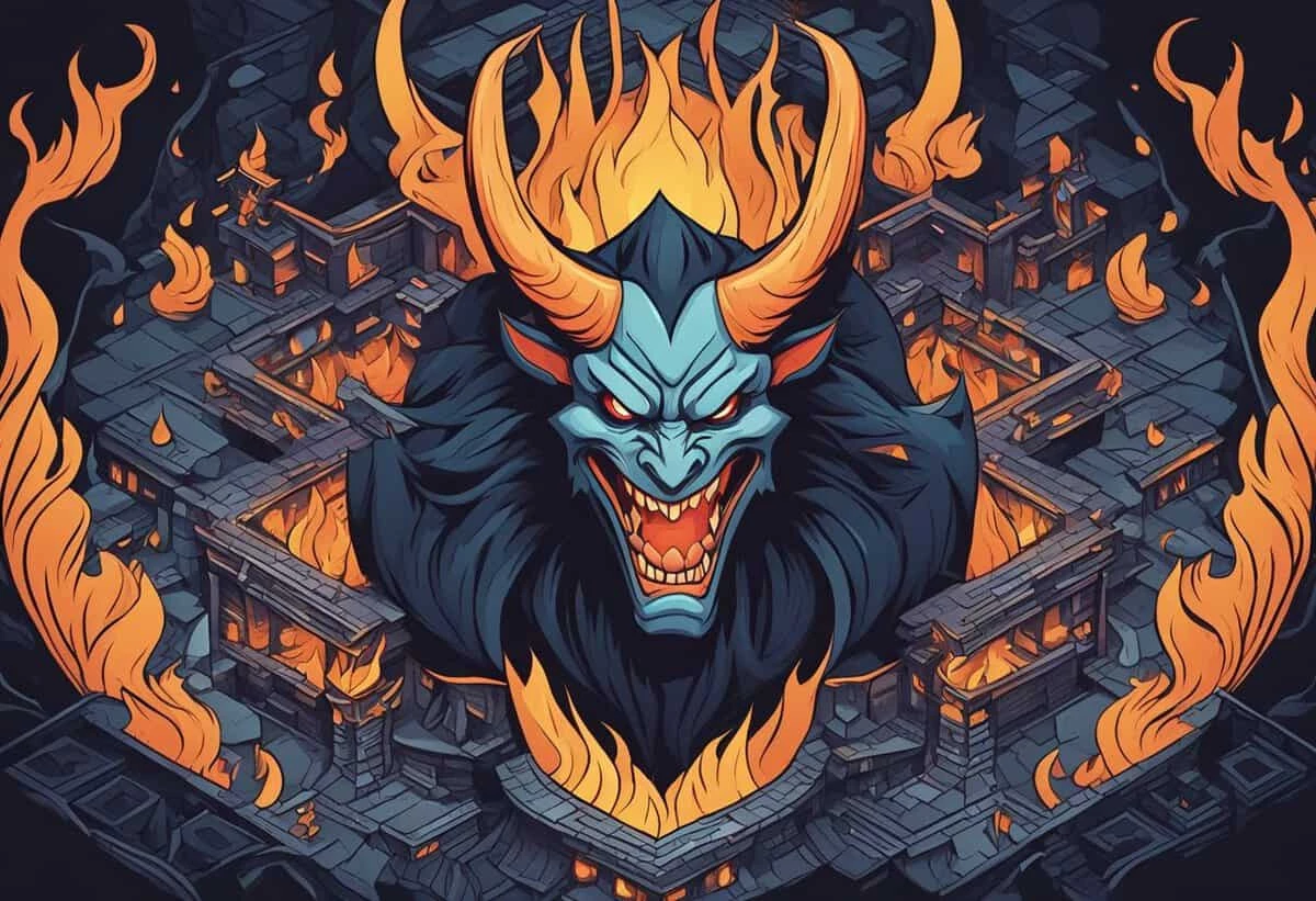 Illustration of a fiery, demonic figure surrounded by flames and infernal architecture.