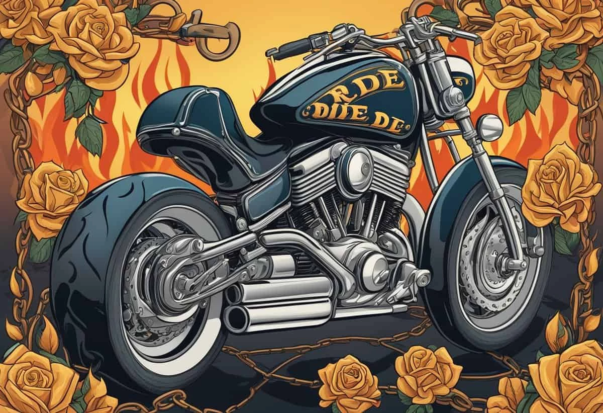 Illustration of a classic motorcycle with "ride or die" text, surrounded by roses and flames.