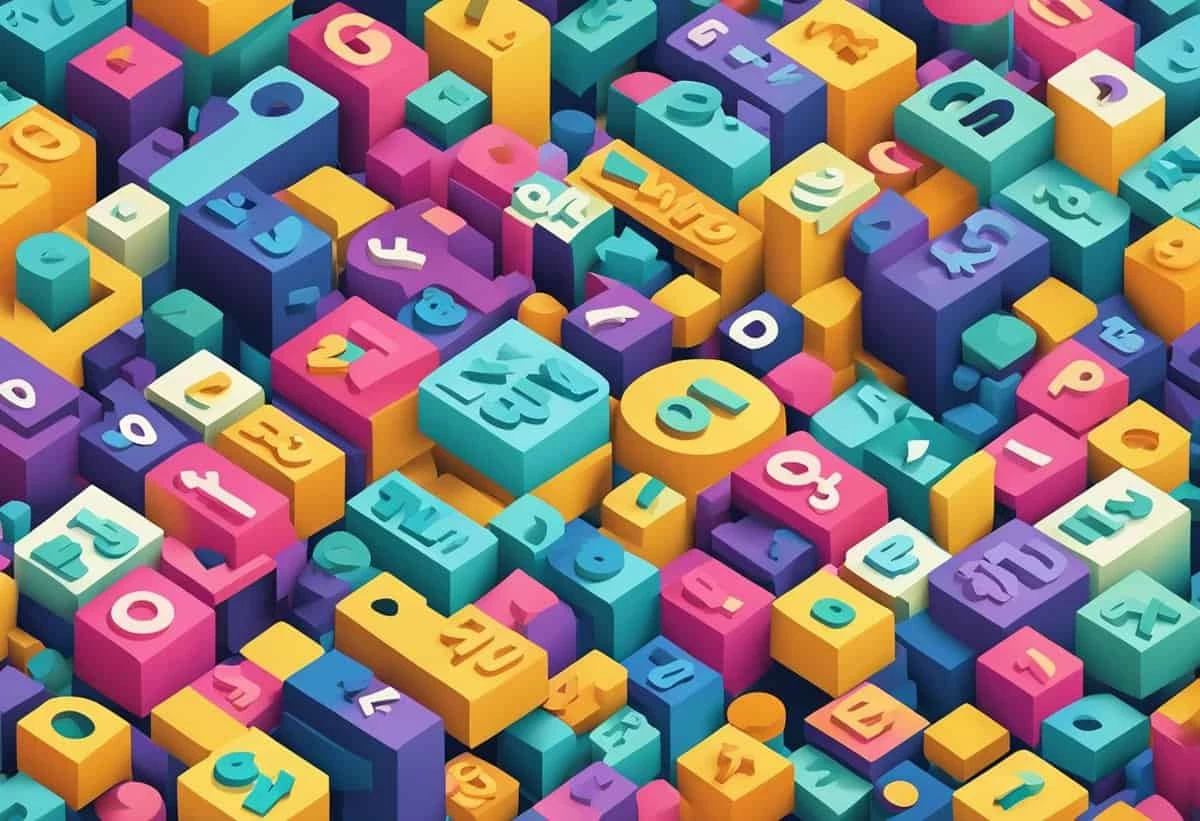 A colorful array of three-dimensional letters and symbols densely packed in an isometric perspective.