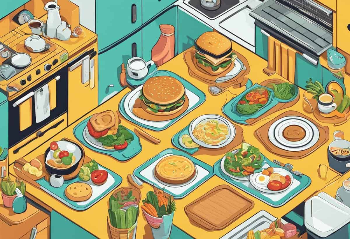 A colorful illustration of a variety of foods laid out on a kitchen counter.
